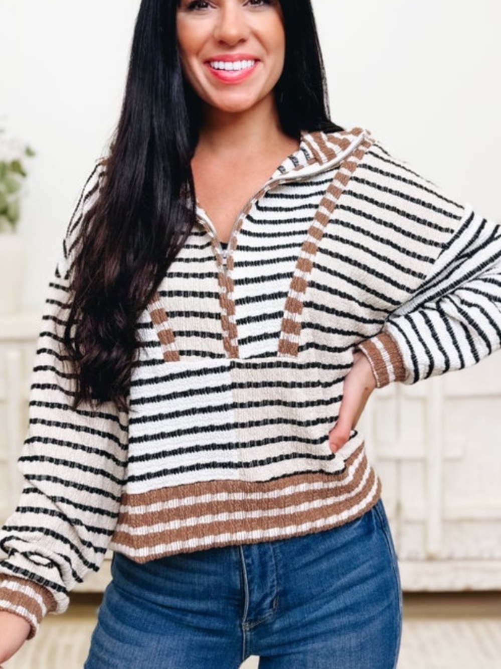 BUCKETLIST Cream, Black & Brown Striped Half-Zip Pullover